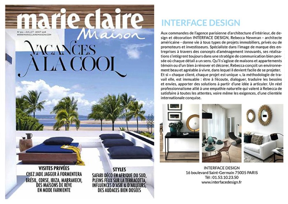 Article de presse Marie claire maison concernant à Interface Design